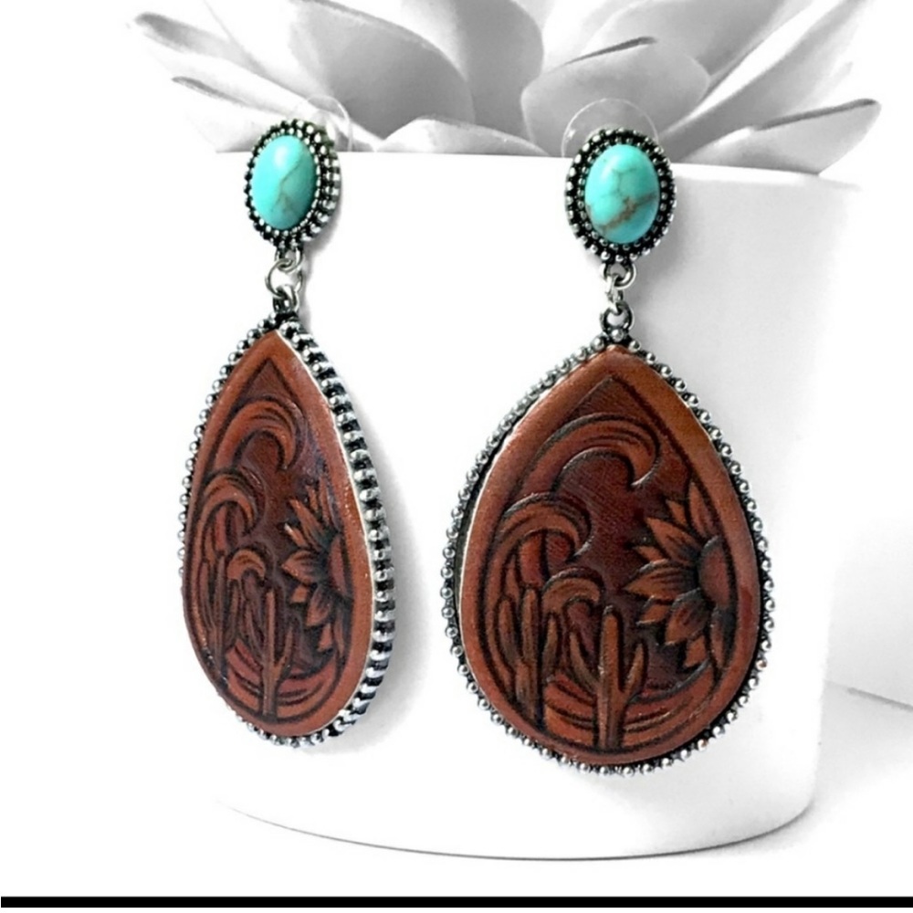 Genuine Leather Turquoise Stone Dangle Sunflower Western Earrings HANDMADE - Picture 2 of 5